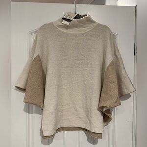 Elegant Cream and Tan Cashmere Wool Blend Knit Sweater Poncho